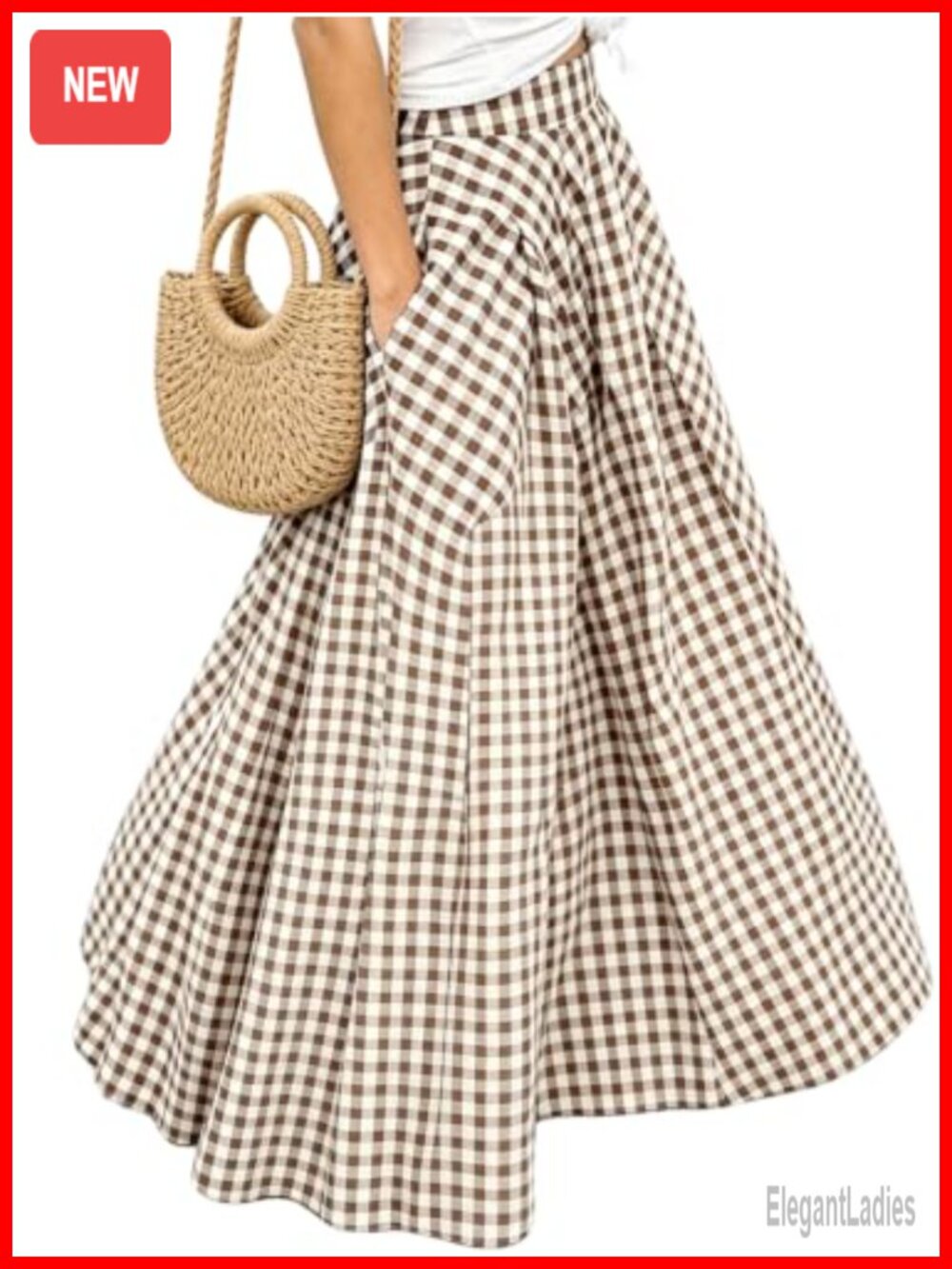 Gingham Plaid Maxi Skirt Pockets High Waist A-Line Flared Long Swing Skirt